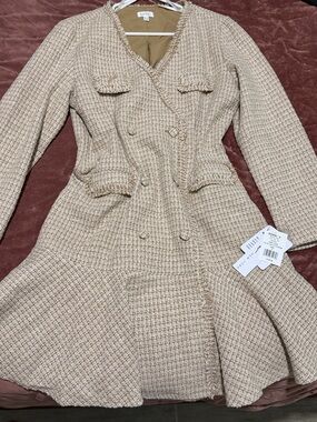 Nicole Miller Beige Tweed Fit-and-Flare Jacket Dress